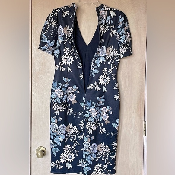 Vince Camuto Floral Navy Blue White Puff Sleeve Sheath Dress Size M 10 - Picture 9 of 15